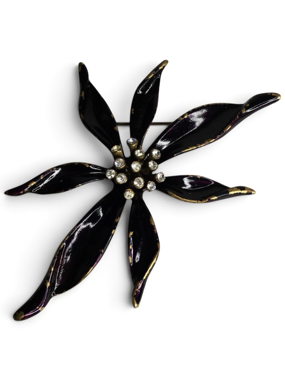 Vintage Ben-Amun Antiqued Gold-Tone Black-Purple Enamel Floral Rhinestone Brooch - Picture 4 of 14